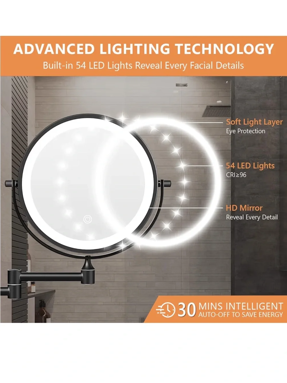 LED Makeup Mirror with Adjustable Arm - Black